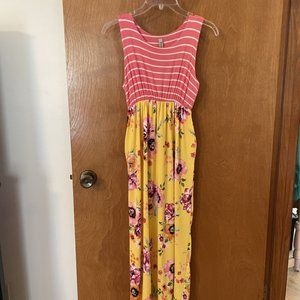 Girl’s Tween Size Large Pomelo Yellow Floral Pink Stripes Sleeveless Maxi Dress